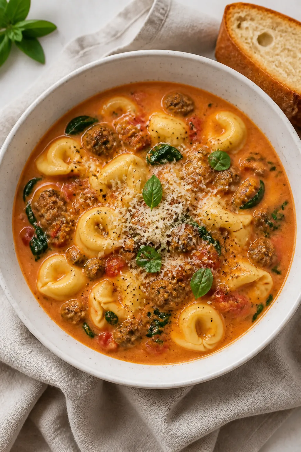 Final bowl, cozy presentation: A generous bowl of Italian Sausage Tortellini Soup plated in a wide,