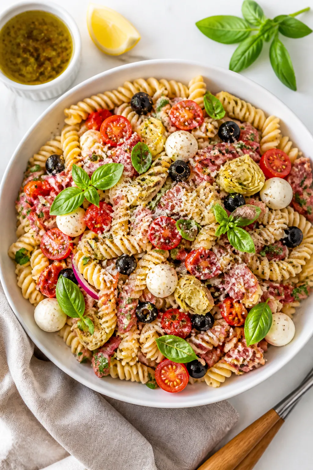 Final dish, : Beautifully plated Italian deli pasta salad arranged in a wide, shallow white bowl. Ev