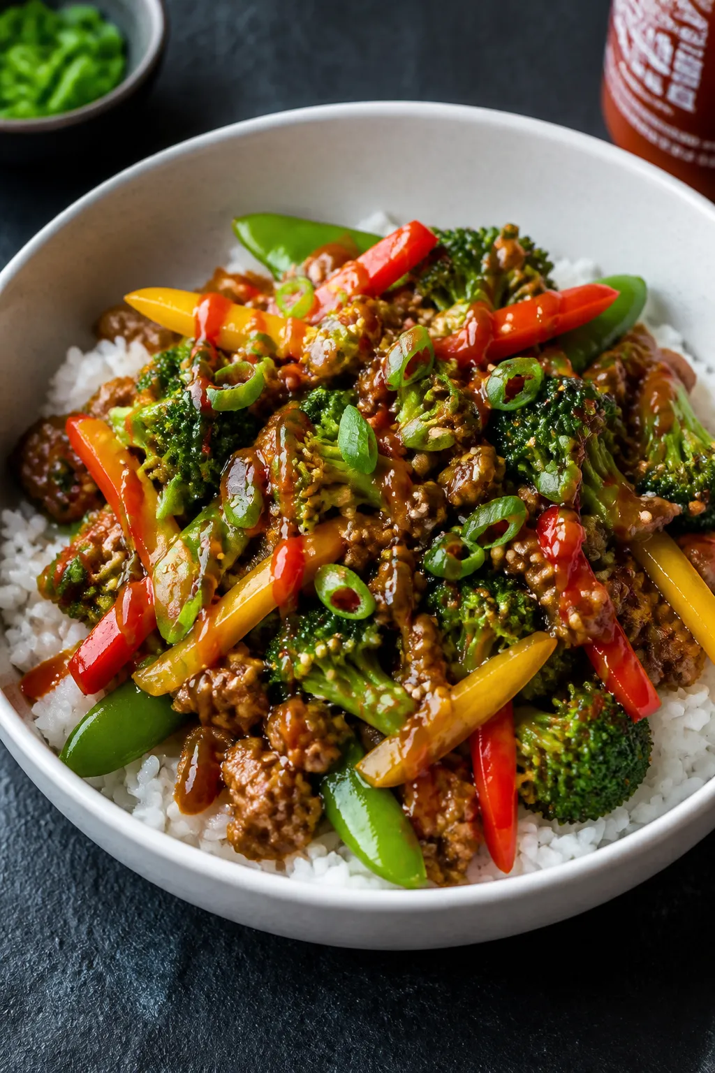 Final dish — beautifully plated Teriyaki Pork Rice Bowl: fluffy jasmine rice base topped with sauc