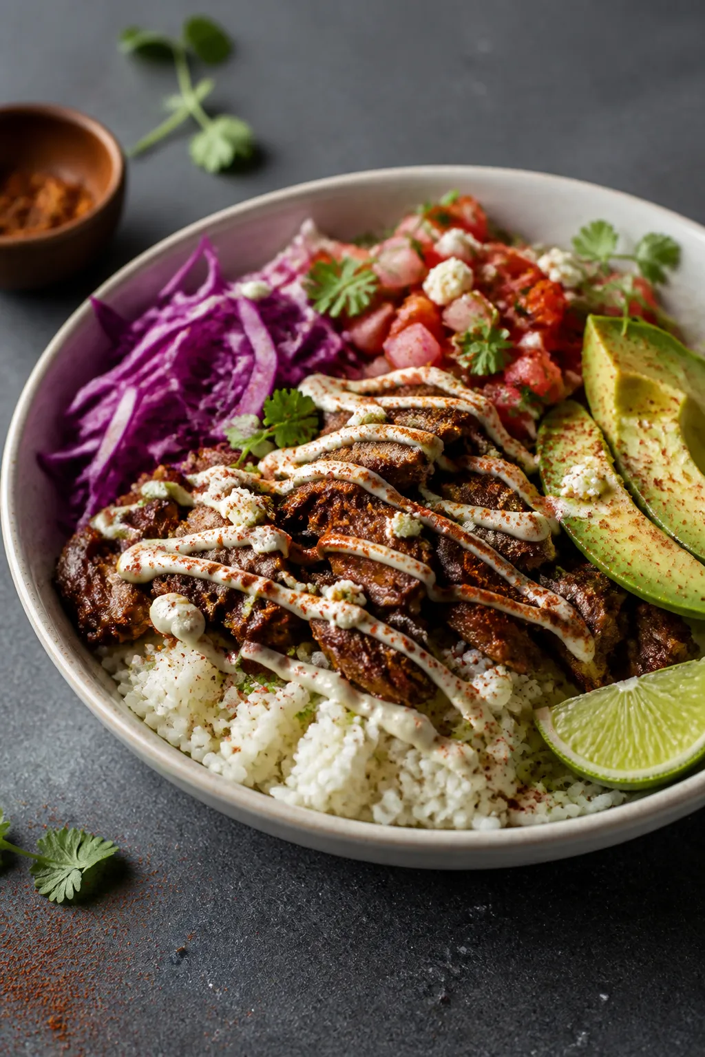 Final dish beauty: Restaurant-quality plated pork taco bowl in a shallow ceramic bowl, three-quarter