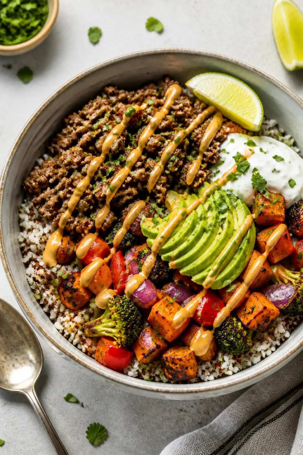 Final dish – Ground Beef and Roasted Veggie Bowl presentation: Beautifully plated bowl with a base