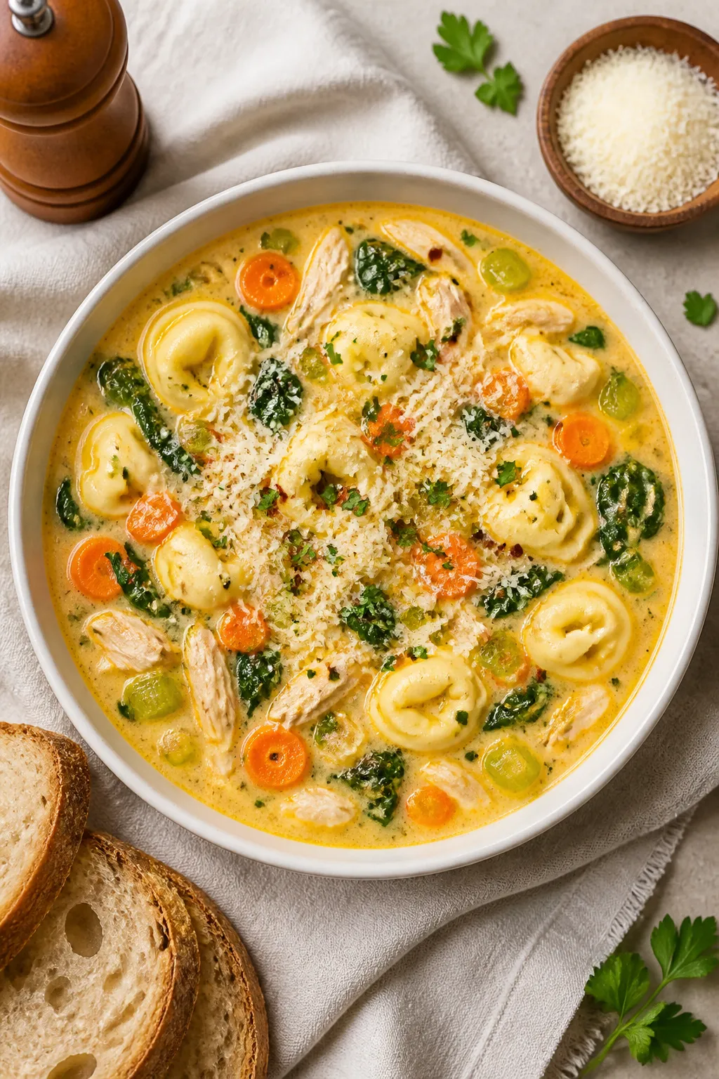 Final dish, overhead hero: Tasty of a generously filled white ceramic bowl of Creamy Chicken Tortell