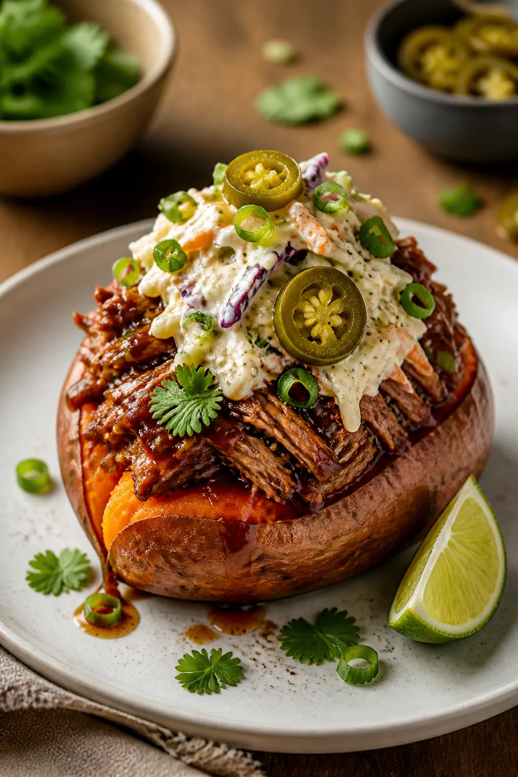 Final dish plated: Beautifully composed High Protein Pulled Pork Stuffed Sweet Potato on a matte whi