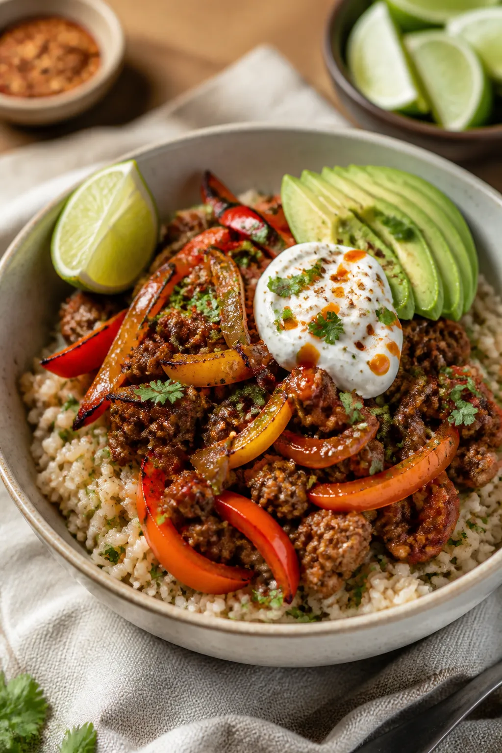 Final dish, plated bowl: High Protein Ground Beef Fajita Skillet served bowl-style over fluffy cilan