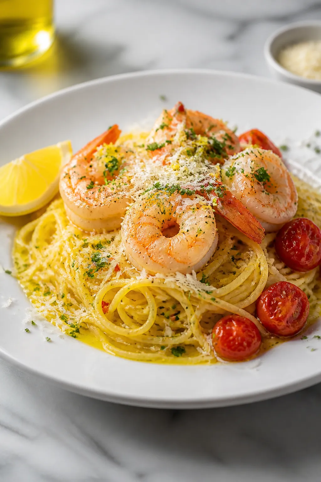 Final dish presentation: Beautifully plated Garlic Butter Shrimp Spaghetti Squash twirled into a nea
