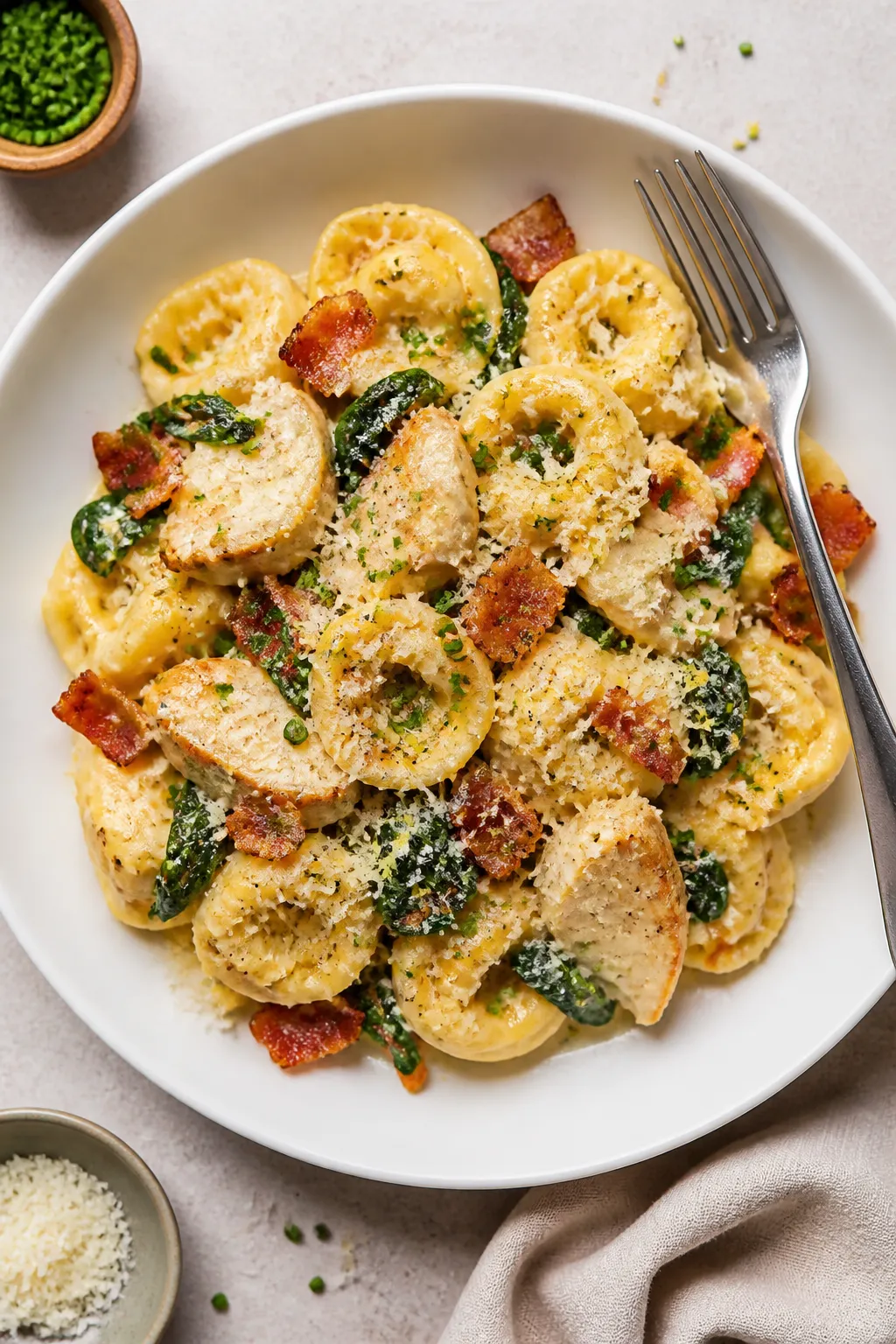 Final dish presentation: Beautifully plated Healthy Chicken Bacon Ranch Tortellini in a wide, shallo