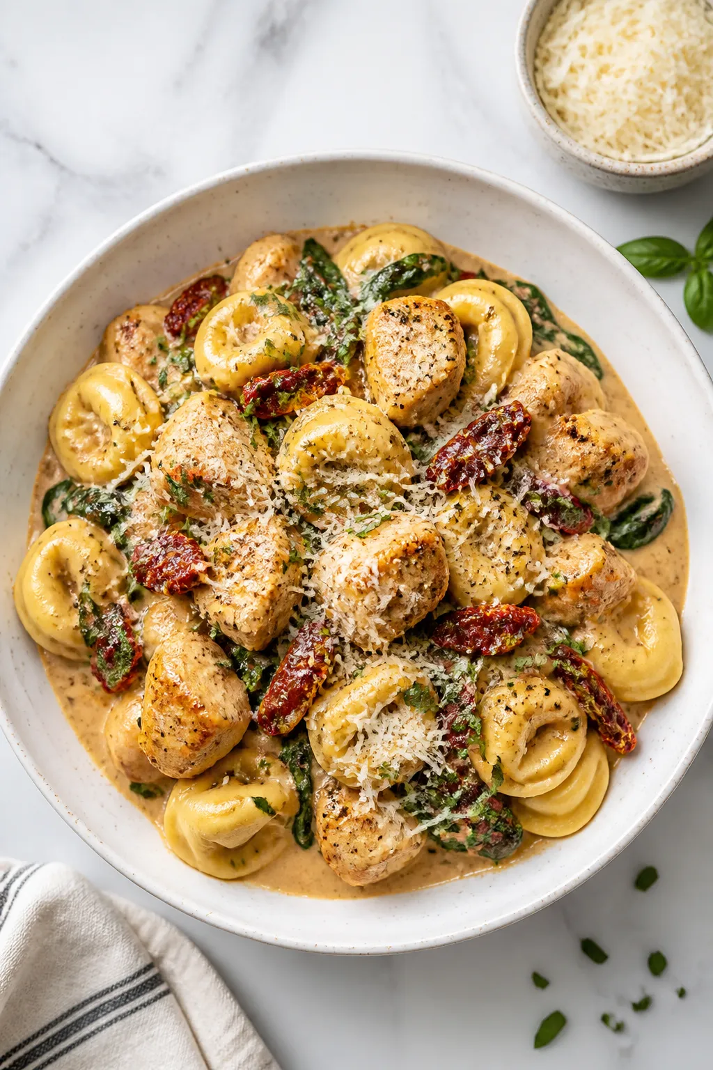 Final dish presentation: Beautifully plated High Protein Tuscan Chicken Tortellini in a wide, shallo