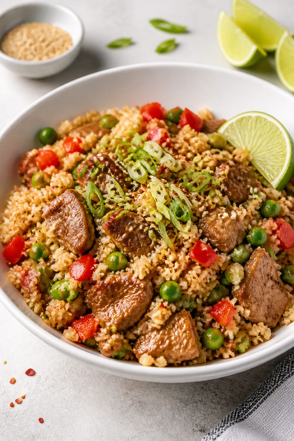 Final dish presentation: Beautifully plated High Protein Pork and Cauliflower Rice in a shallow matt