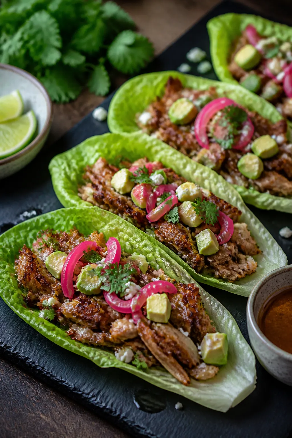 Final dish presentation: Beautifully plated pork carnitas lettuce wraps on a dark slate board—each