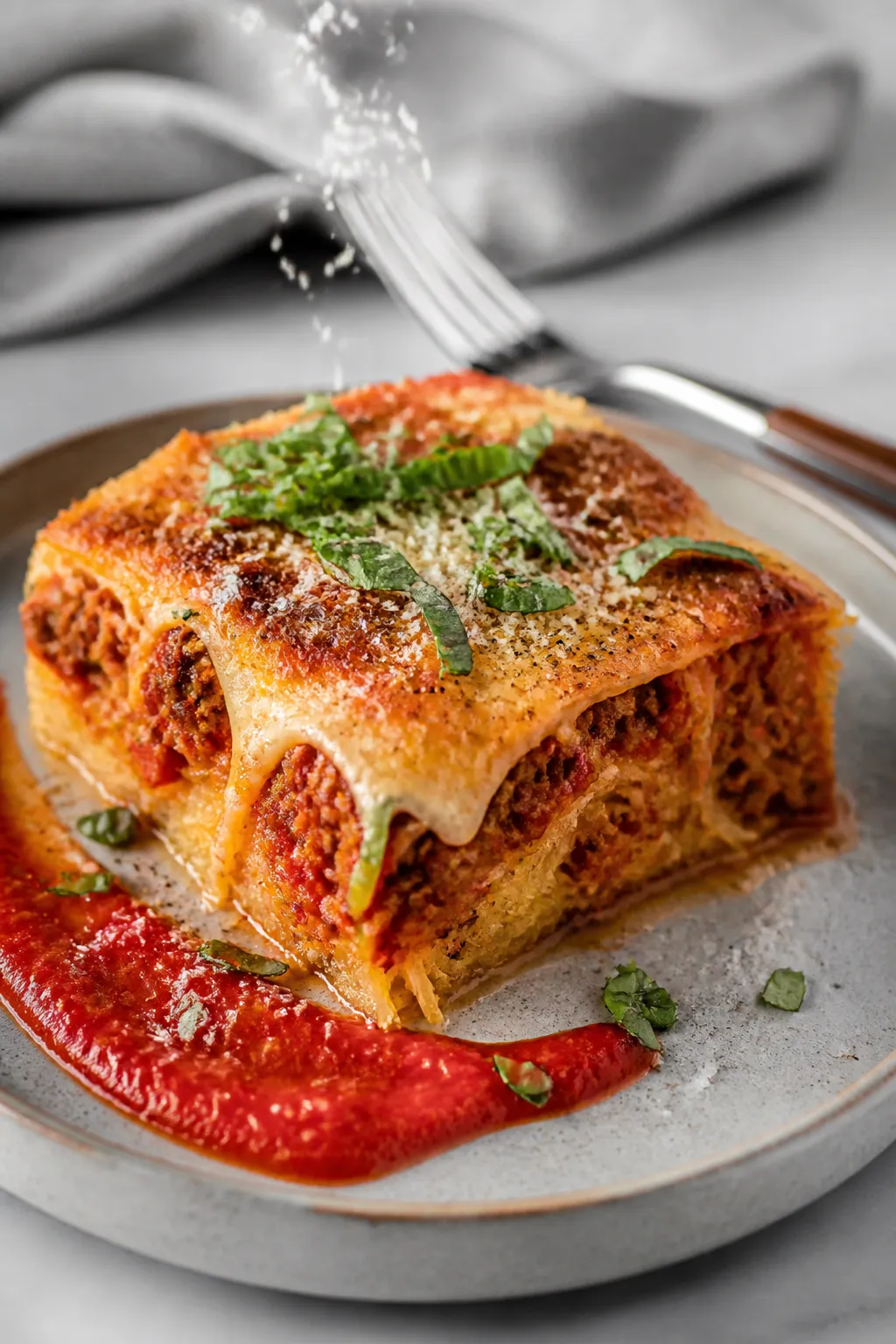 Final dish presentation: Beautifully plated square of the spaghetti squash bake on a matte ceramic p