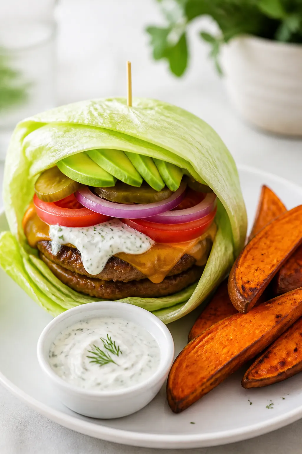 Final dish presentation: Lettuce-wrapped cheeseburger assembled and ready to eatâdouble-stacked cr