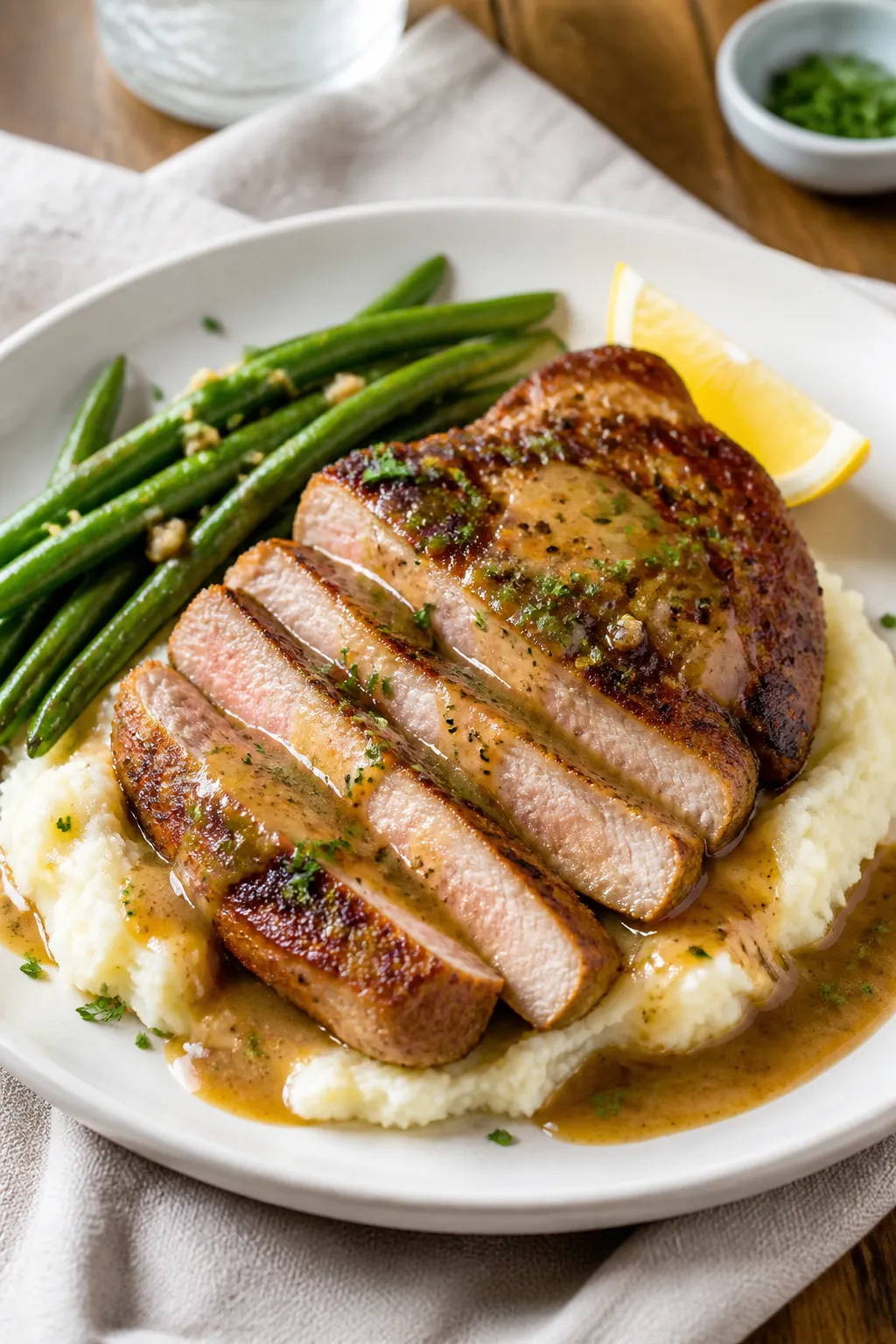 Final dish presentation: Restaurant-quality plate of Easy Garlic Butter Pork Chops sliced to reveal
