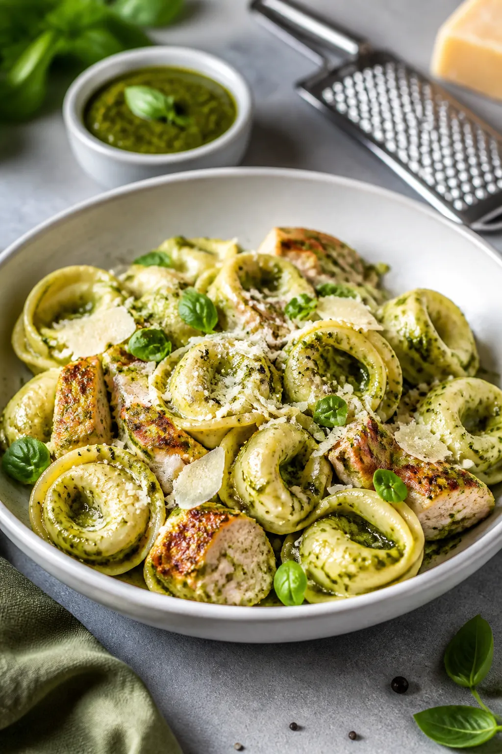 Final dish presentation: Restaurant-quality plate of High Protein Pesto Chicken Tortellini, elegantl