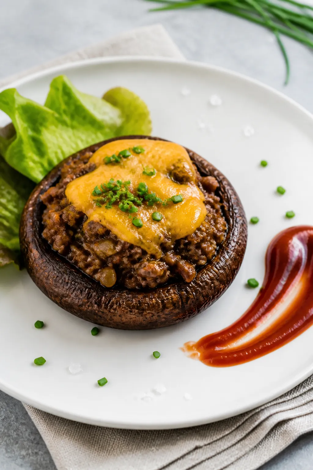 Final dish presentation: Restaurant-quality plated Healthy Hamburger Stuffed Portobello Mushroom on