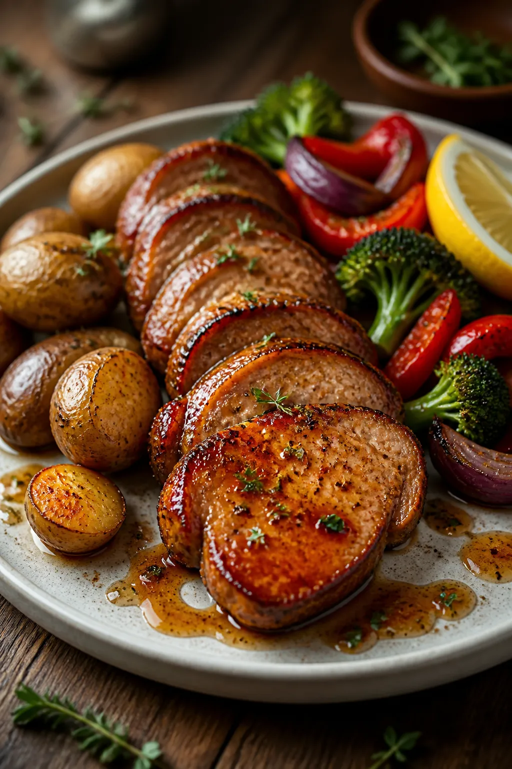 Final dish presentation: Restaurant-quality plated BBQ pork tenderloin with roasted vegetables. Clos