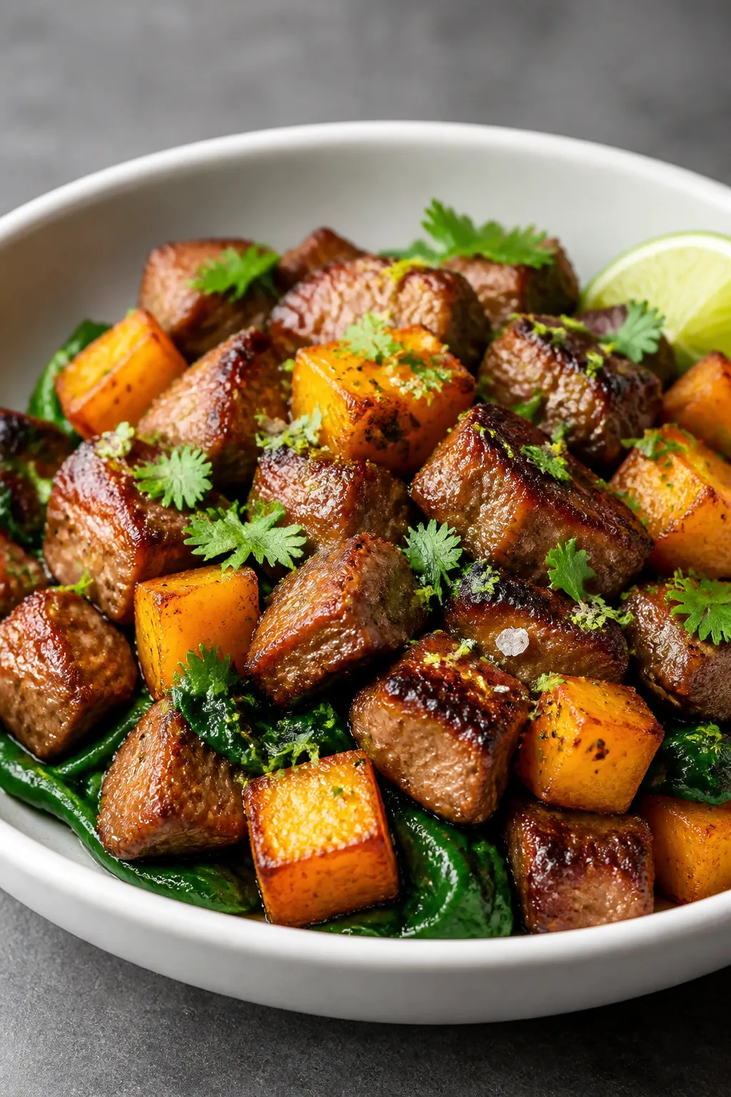 Final dish presentation: Restaurant-quality plated bowl of the pork and sweet potato skillet, tightl