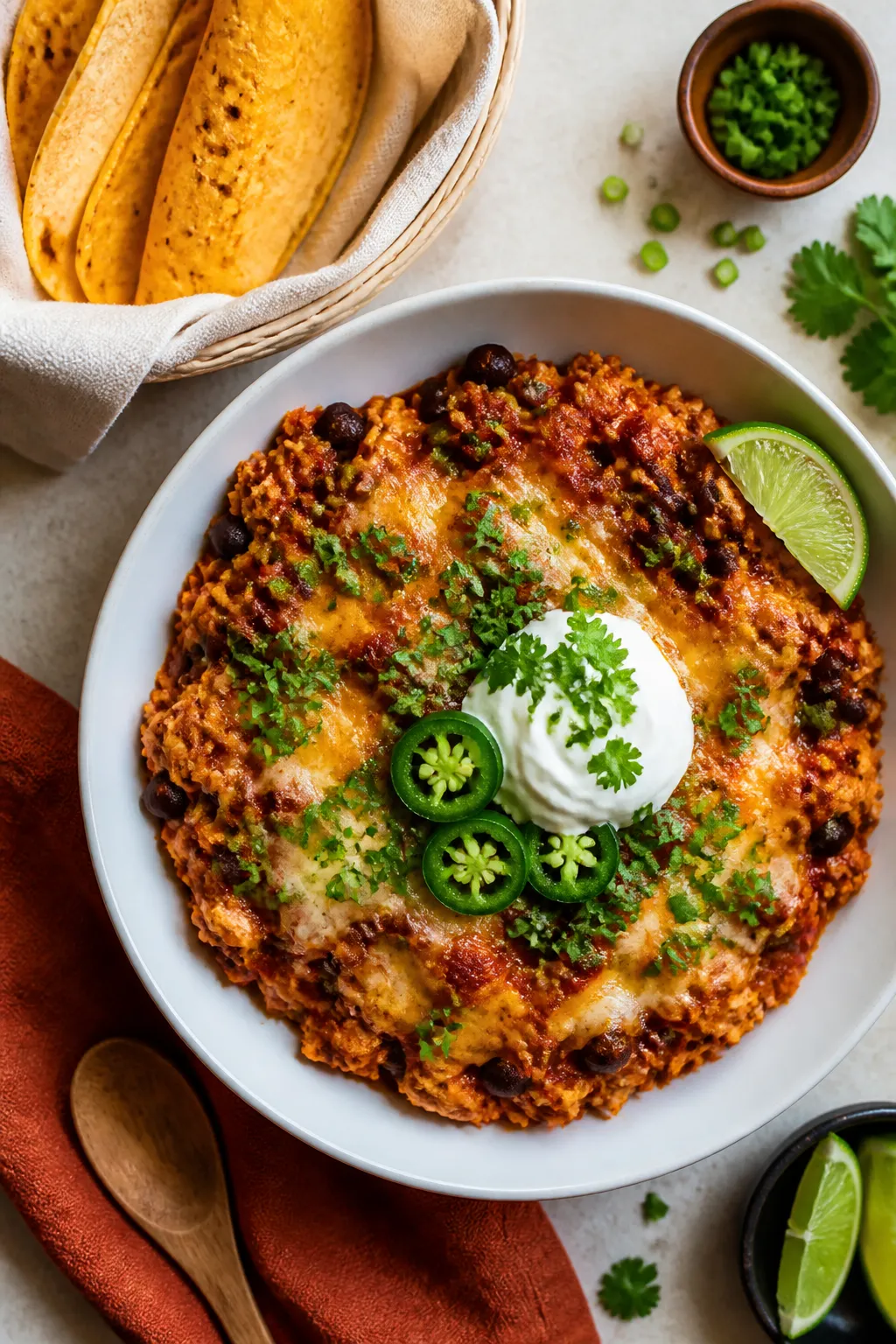 Final dish presentation: Restaurant-quality plated serving of High Protein Pork Enchilada Skillet in