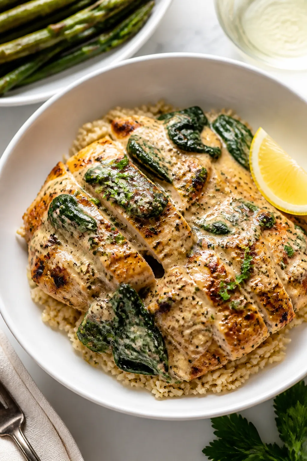 Final dish presentation: Restaurant-quality plated serving of Garlic Parmesan Chicken Protein Bake i