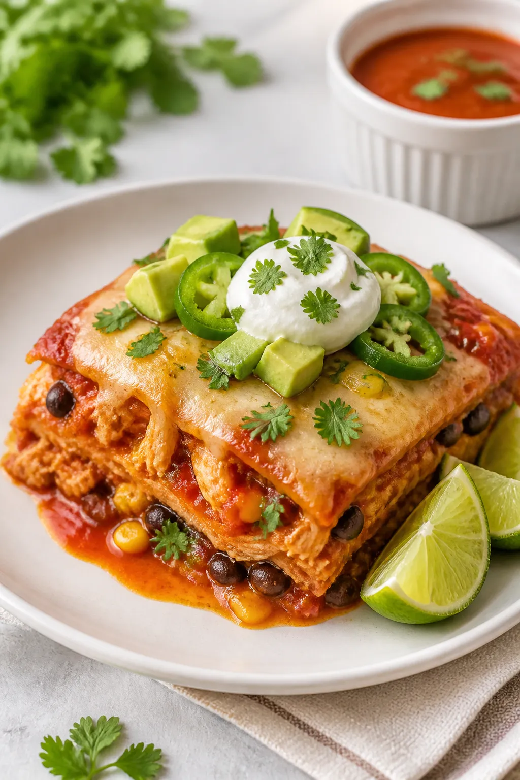 Final dish presentation: Restaurant-quality plated serving of Healthy Chicken Enchilada Casserole on