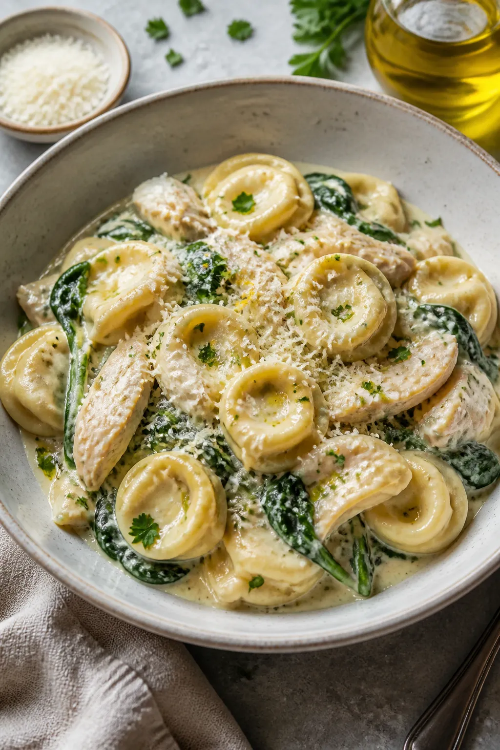 Final dish presentation: Restaurant-quality plated bowl of Creamy Chicken Spinach Tortellini, tortel