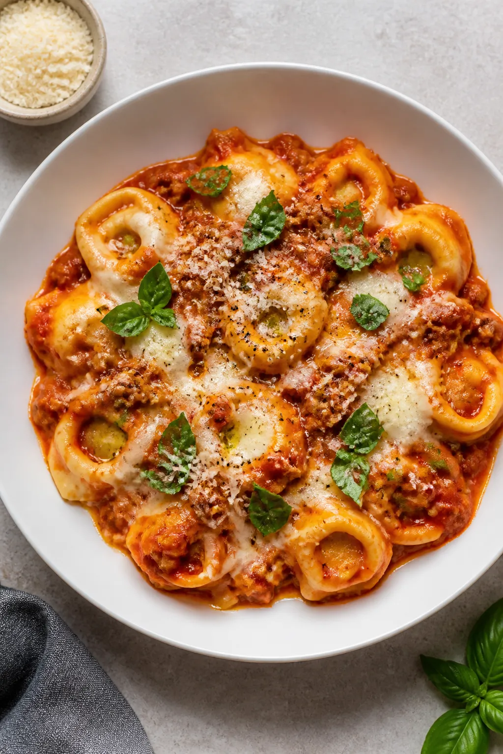 Final dish presentation: Restaurant-quality plated serving of Italian Ground Turkey Tortellini Skill