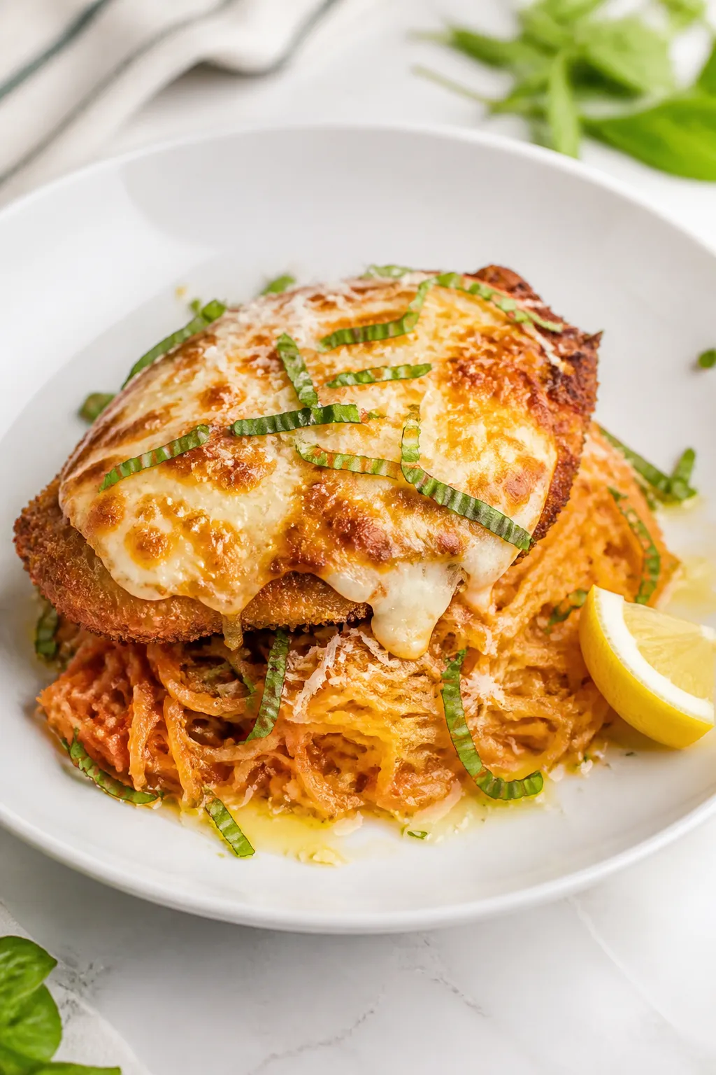 Final dish presentation: Restaurant-quality plated skillet casserole version—twirled mound of spag