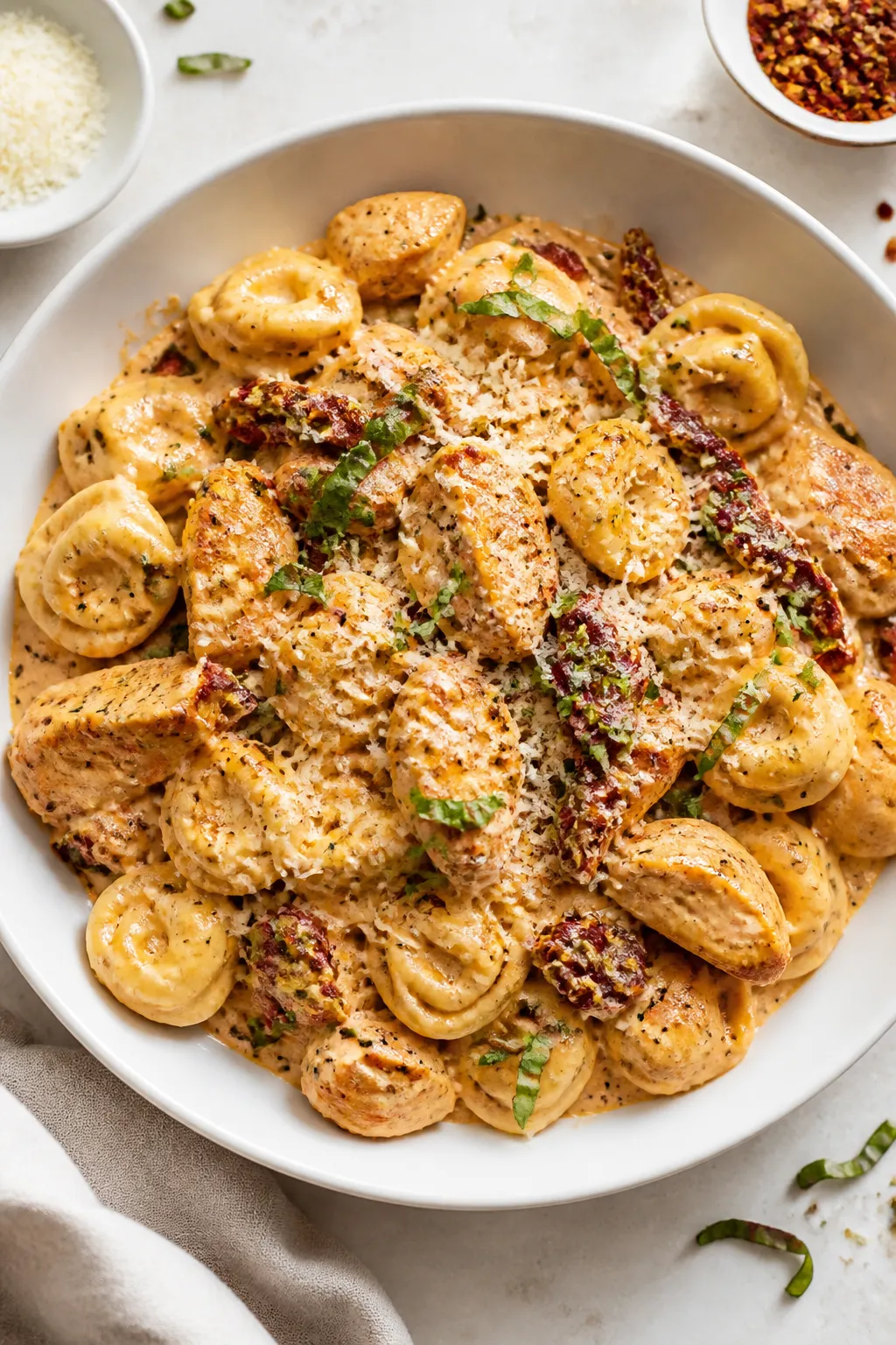 Final dish presentation: Restaurant-quality plating of Creamy Sun-Dried Tomato Chicken Tortellini in