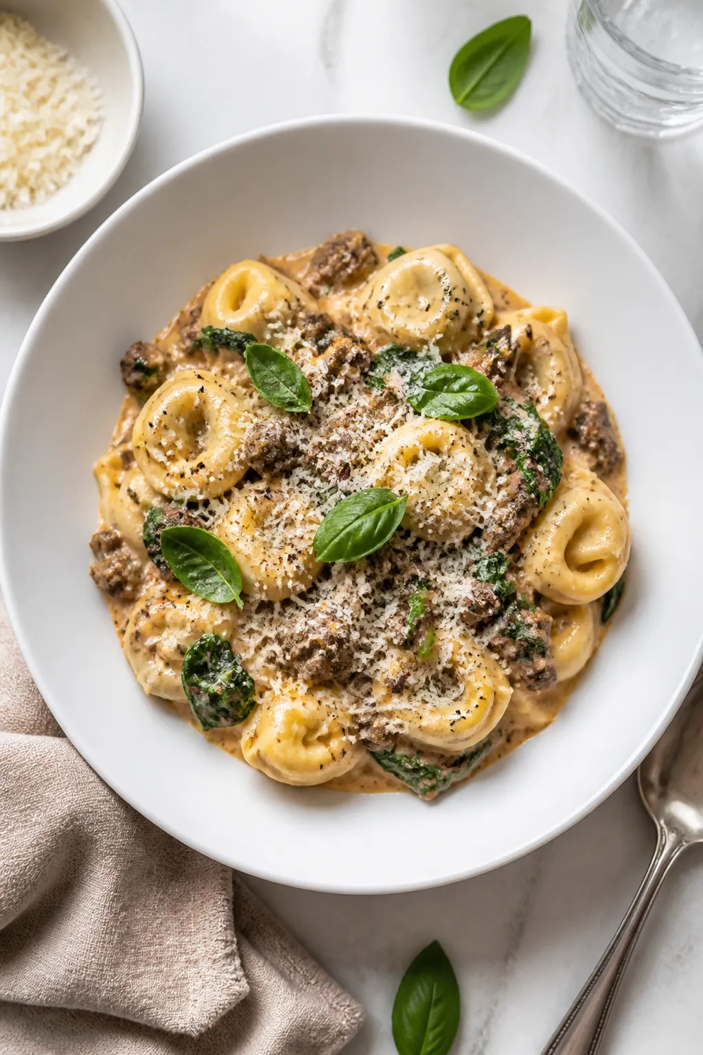 Final dish presentation: Restaurant-quality plating of Creamy Beef and Spinach Tortellini in a wide,