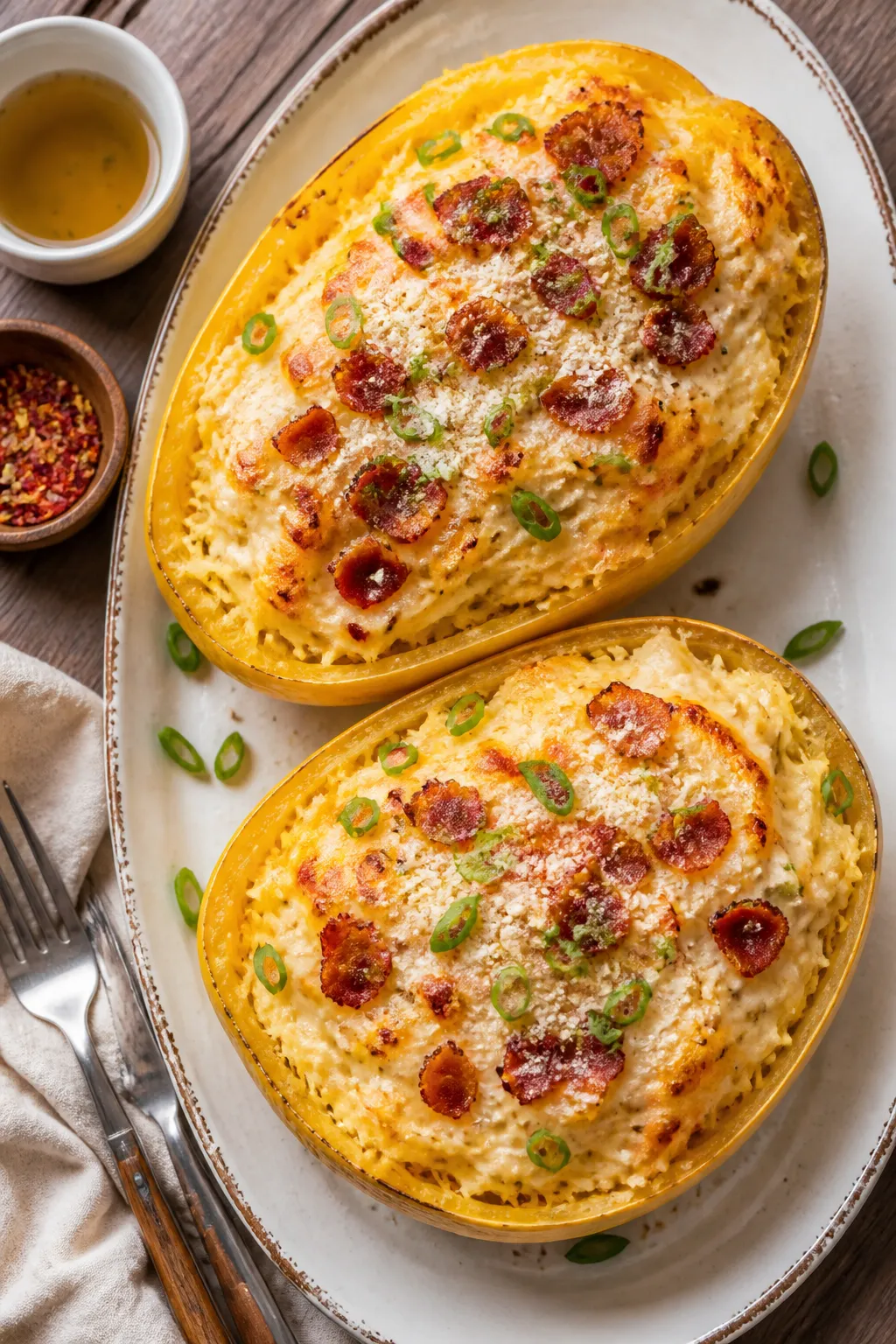 Final dish presentation: Restaurant-quality plating of two stuffed spaghetti squash halves on a rust