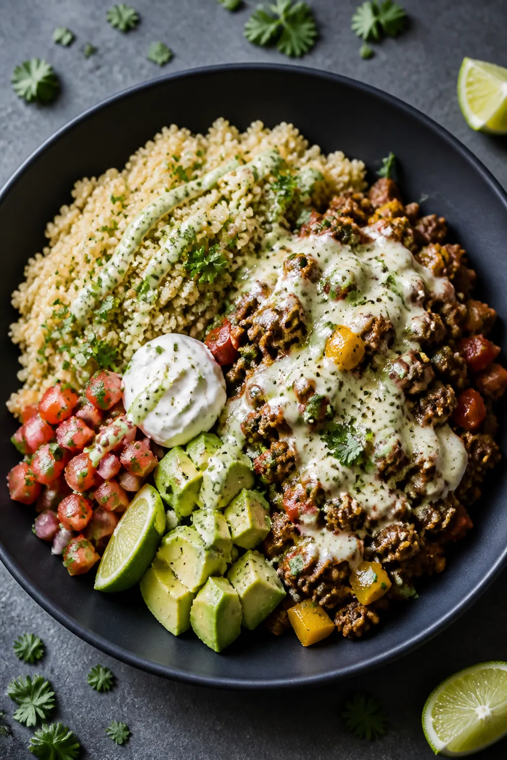 Final dish presentation: Restaurant-quality plating of a quinoa-based taco protein bowl, three tidy 
