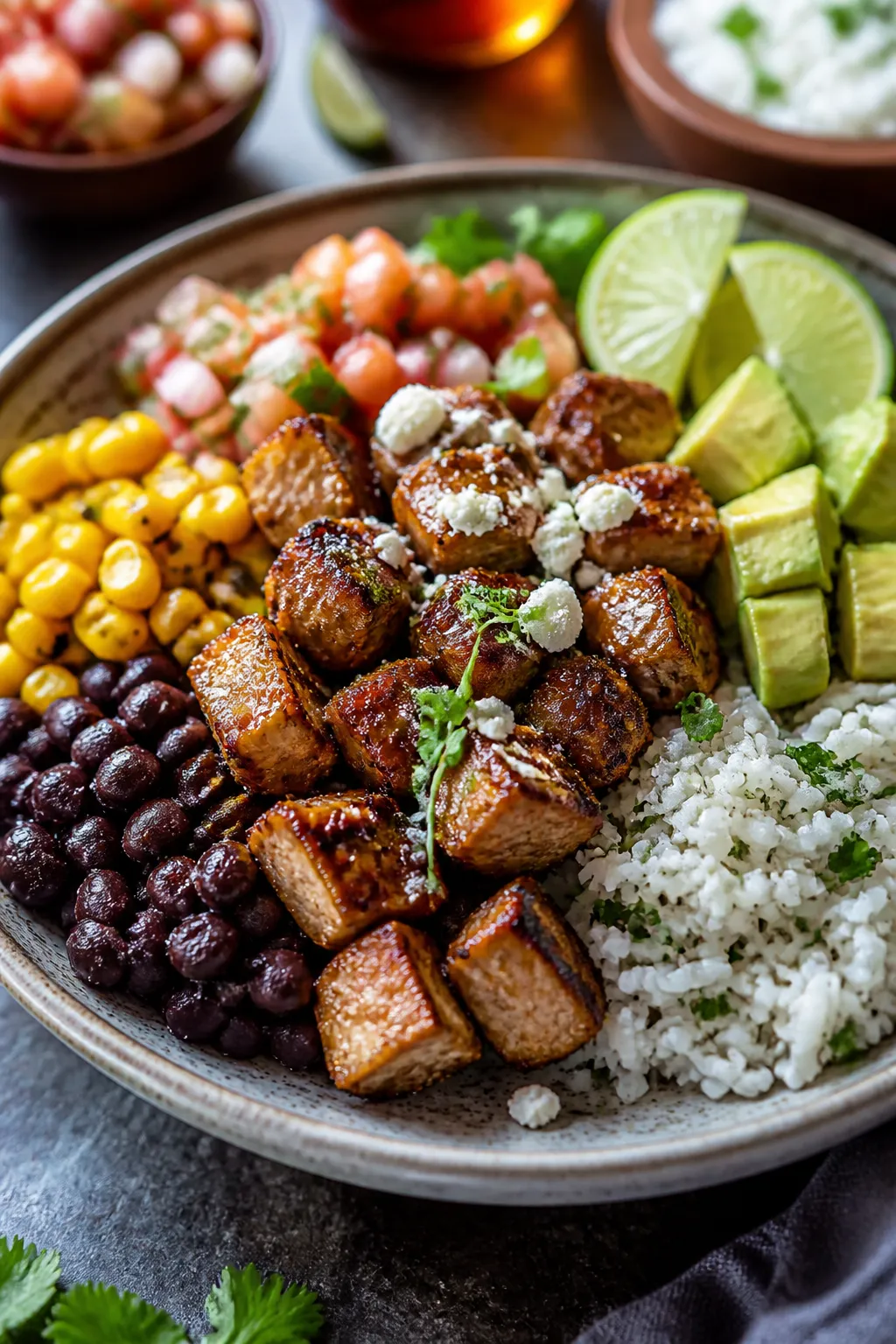 Final dish presentation: Restaurant-style plated burrito bowl close-up on a rustic stoneware plate, 