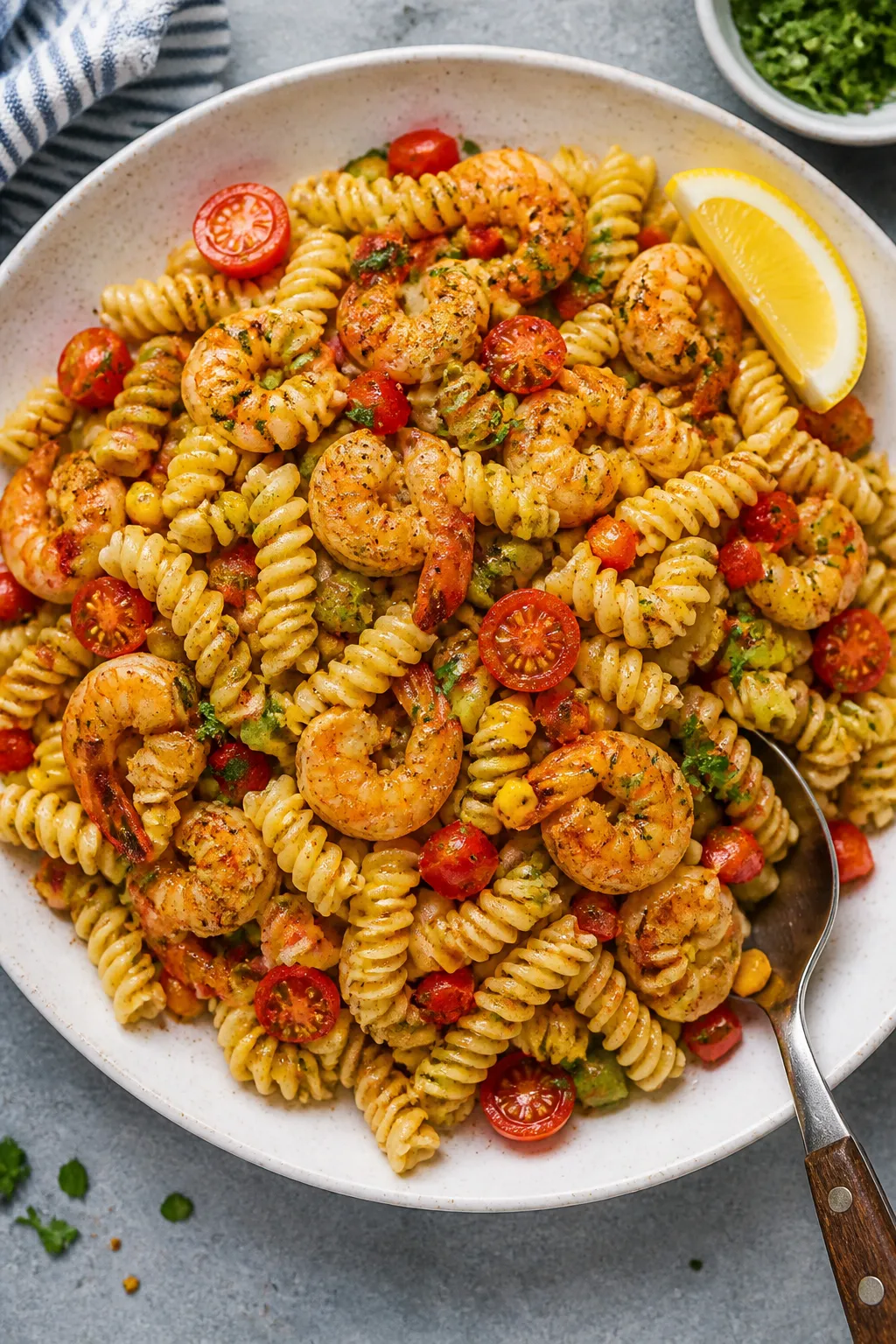 Final dish presentation: Tasty top-view of the finished Cajun Shrimp Pasta Salad mounded in a wide,