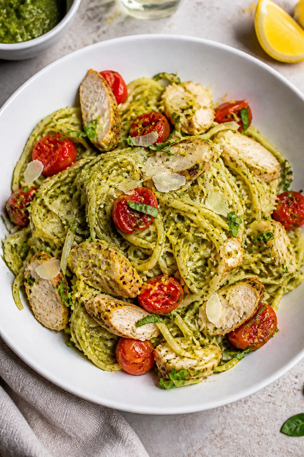 Final dish, tasty top view: Overhead shot of Chicken Pesto Spaghetti Squash elegantly plated in a wi