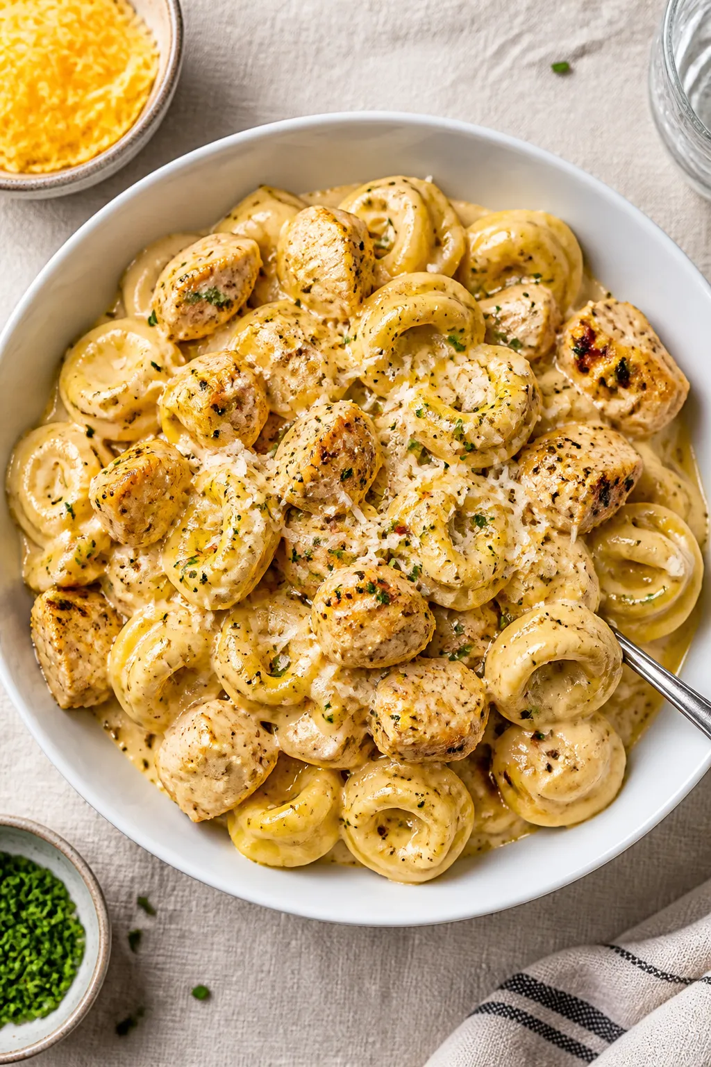 Final dish, tasty top view: Overhead shot of High Protein Chicken Tortellini Mac and Cheese plated i