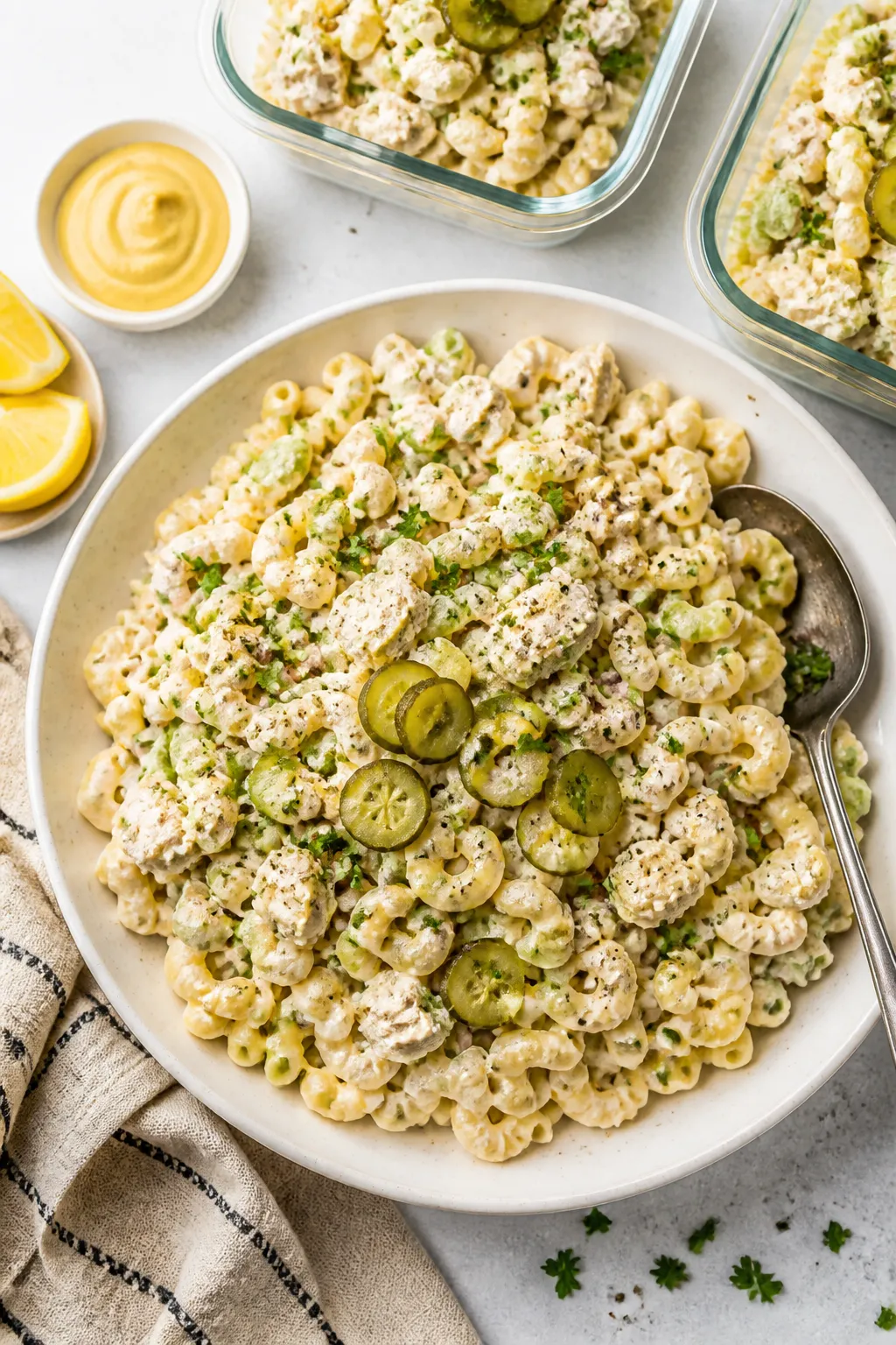 Final dish, tasty top view: Overhead shot of the completed high protein macaroni salad mounded in a