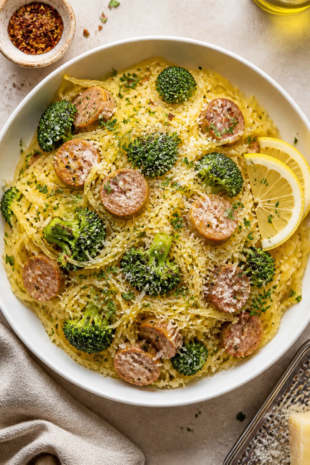 Final dish, top-down: Overhead shot of a wide, shallow white bowl filled with Spaghetti Squash with 