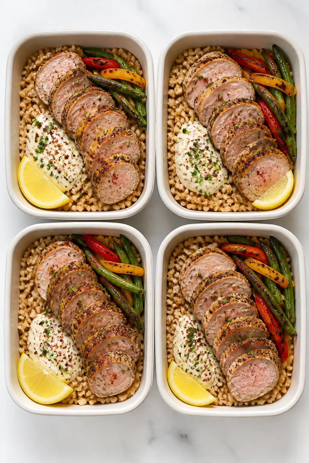 Final dish top view: Meal prep bowls assembledâfluffy farro base, fan of juicy pork tenderloin med