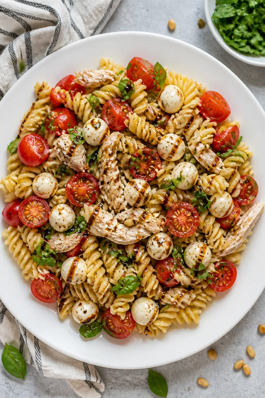 Final dish top view: Overhead shot of beautifully plated caprese chicken pasta salad on a wide white