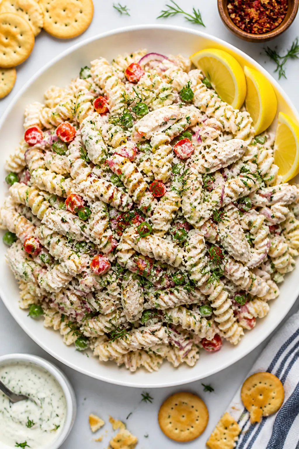 Final dish, top view: Overhead shot of the finished High Protein Rotisserie Chicken Pasta Salad moun