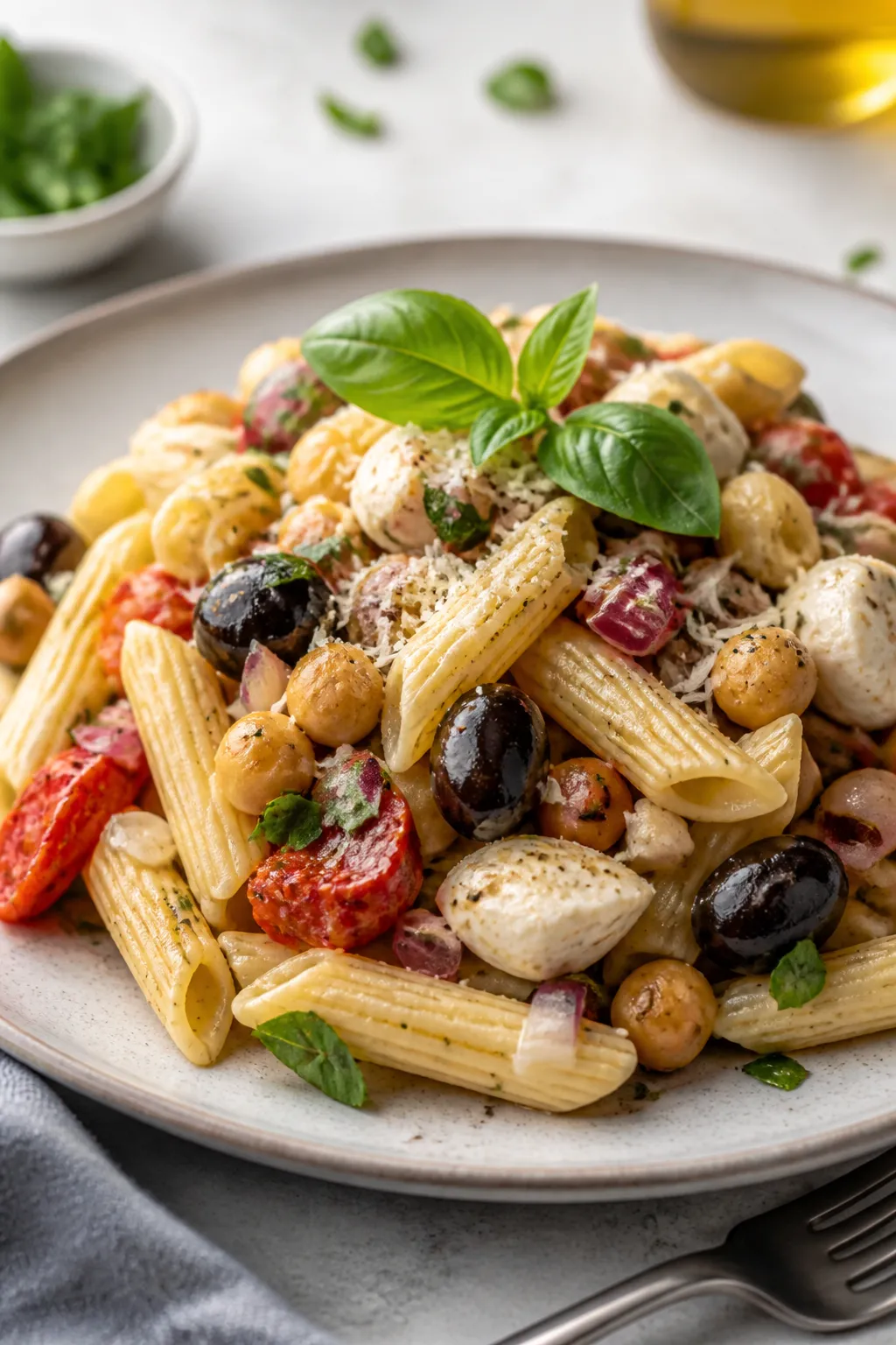 Final plated beauty: Close-up hero plate of a generous serving of the pasta salad mounded on a matte