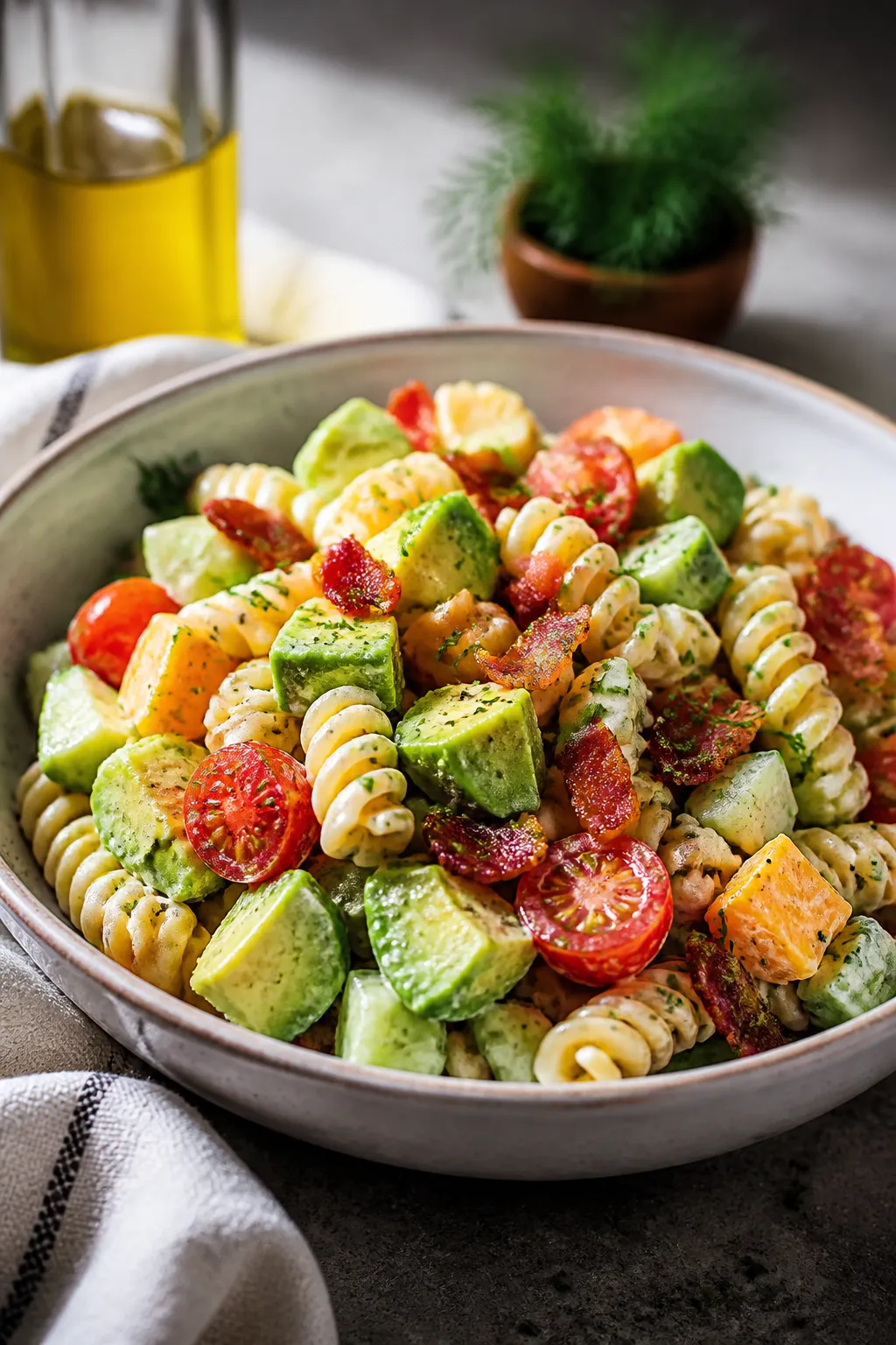 Final plated beauty: Close-up hero plate of the finished pasta salad served in a matte ceramic bowl,