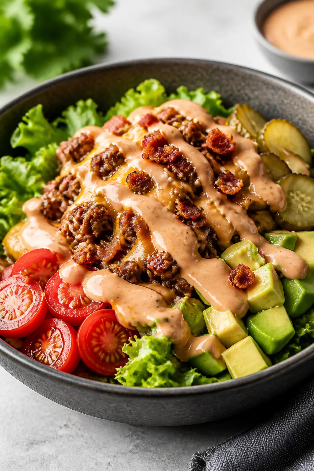 Final plated beauty: Close-up three-quarter angle of the assembled salad with warm cheesy beef spoon