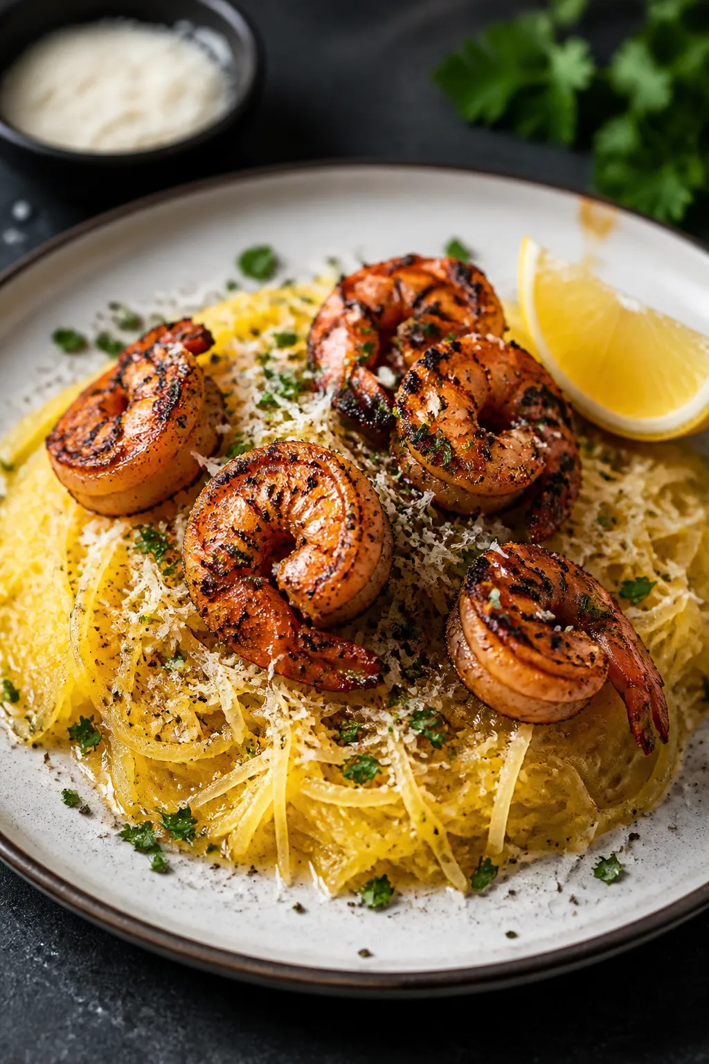 Final plated beauty: Elegant close-up of a composed plate—spaghetti squash strands piled neatly wi