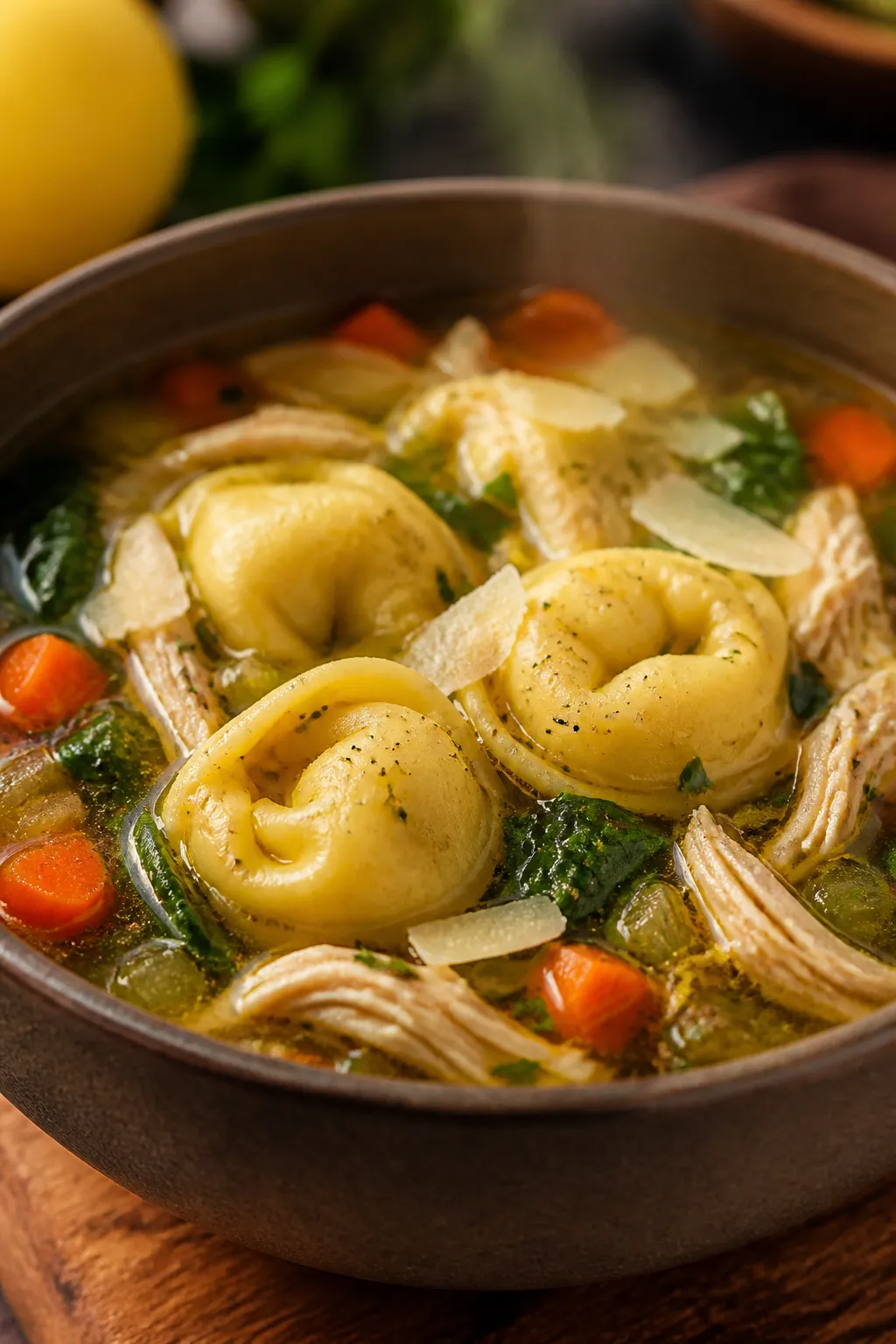 Final plated beauty: Restaurant-quality bowl of Slow Cooker Chicken Tortellini Soup, front-focused c