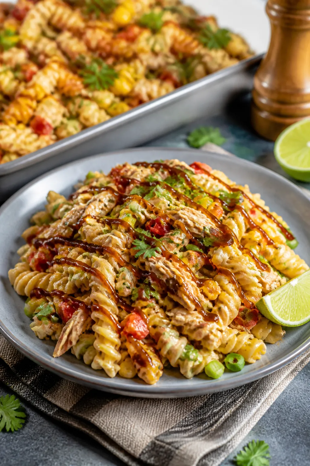 Final plated beauty: Restaurant-quality presentation of a chilled portion of BBQ Chicken Pasta Salad