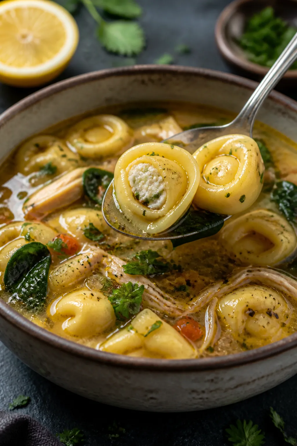 Final plated beauty: Restaurant-quality presentation of the soup ladled into a rustic ceramic bowl,