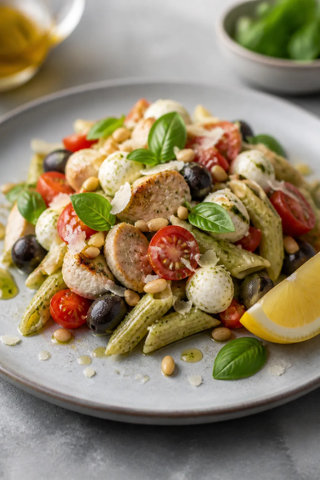 Final plated beauty: Restaurant-quality single serving of pesto chicken pasta salad mounded on a coo