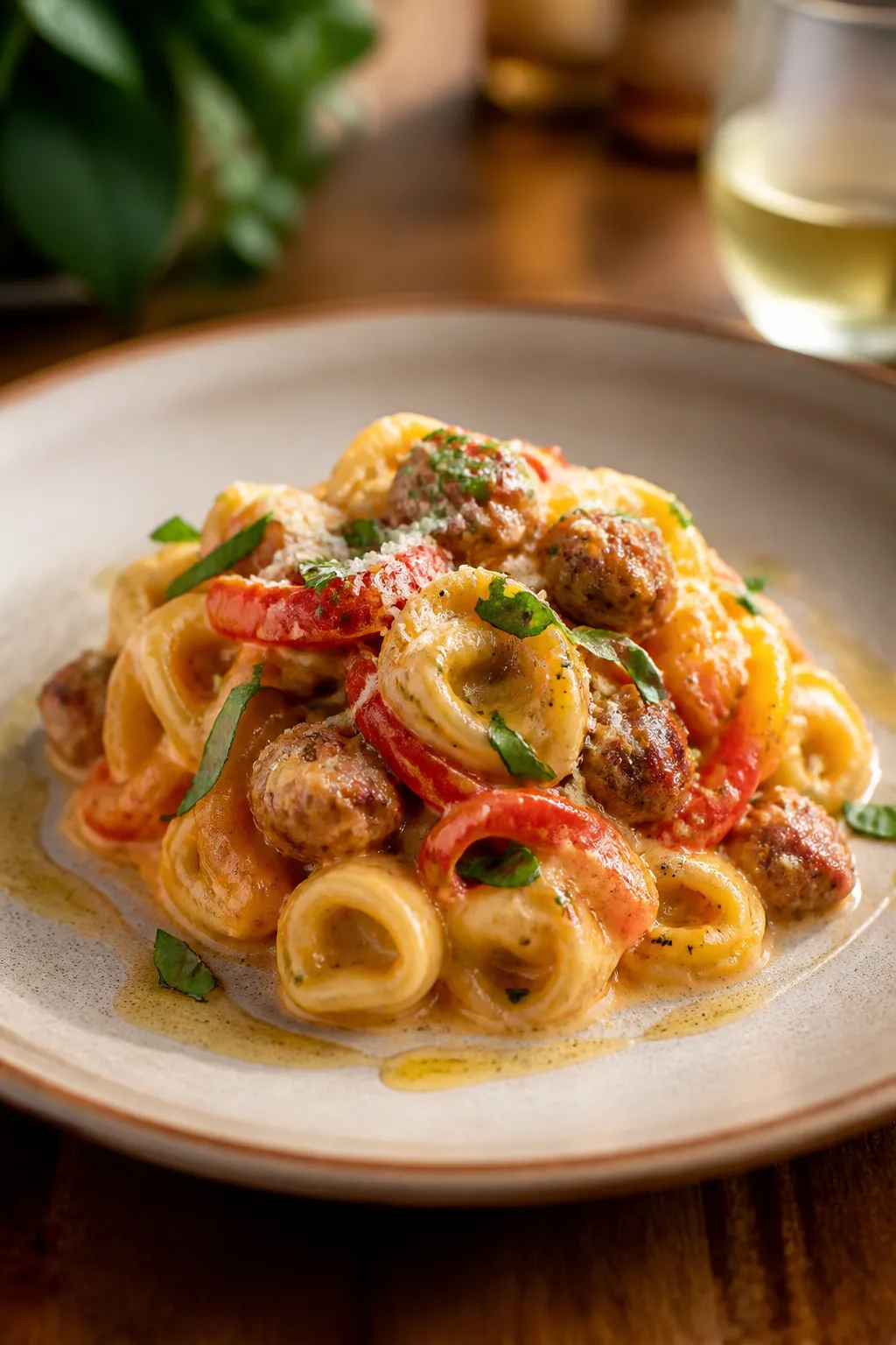 Final plated beauty: Restaurant-style presentation of Sausage Tortellini With Roasted Peppers twirle