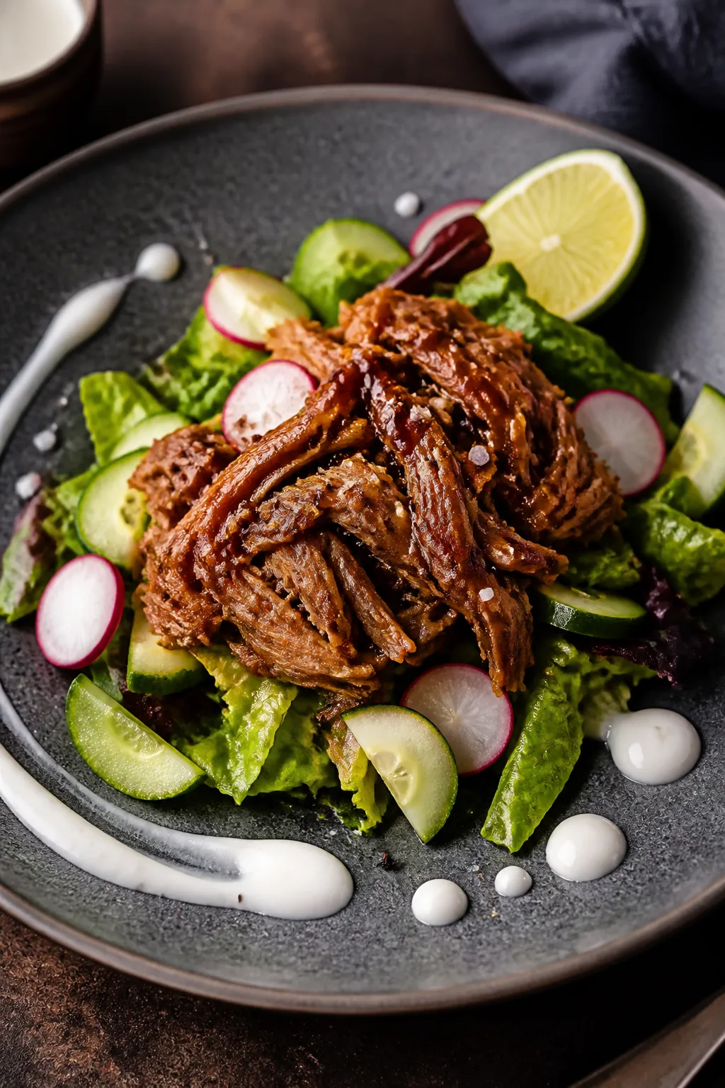 Final plated beauty: Restaurant-style presentation of a Low Carb Pulled Pork Bowl in a shallow charc