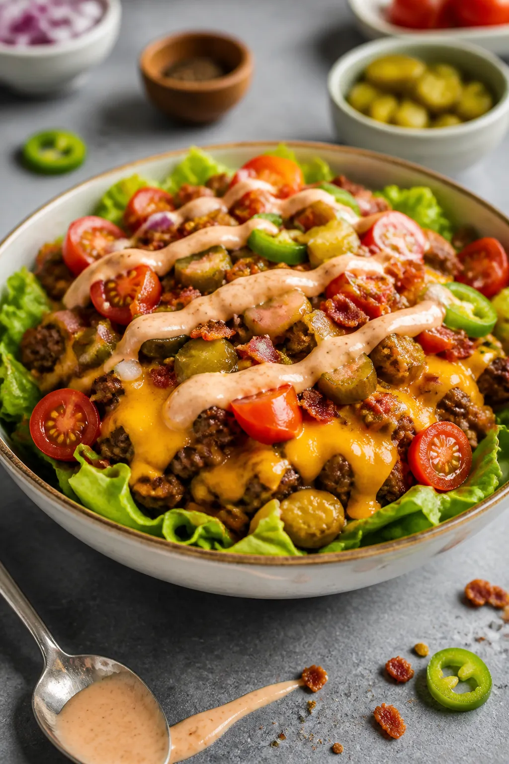 Final plated beauty shot: A hero bowl angled three-quarters, showcasing layers—vivid green lettuce
